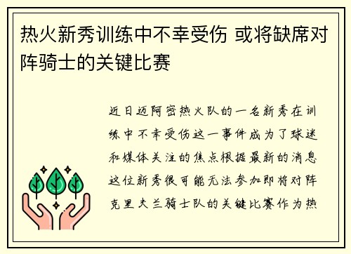 热火新秀训练中不幸受伤 或将缺席对阵骑士的关键比赛